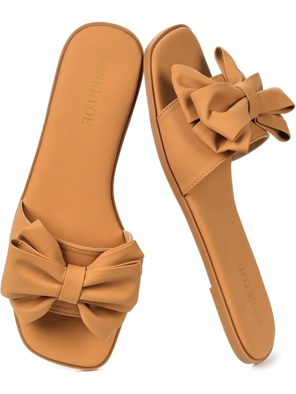 Women's Camel Faux Leather Bow Flat Sandals Open Saquare Toe Comfortable Slides